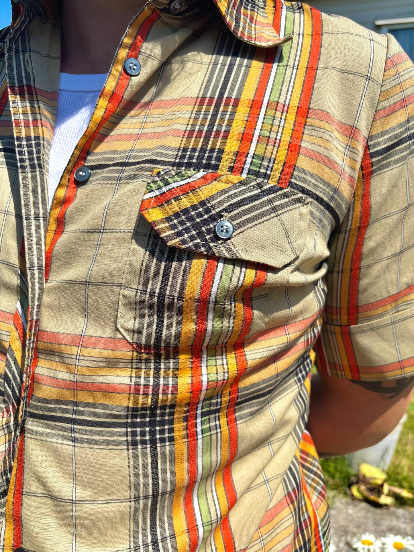 Vintage 70s Beige Check Short Sleeve Shirt