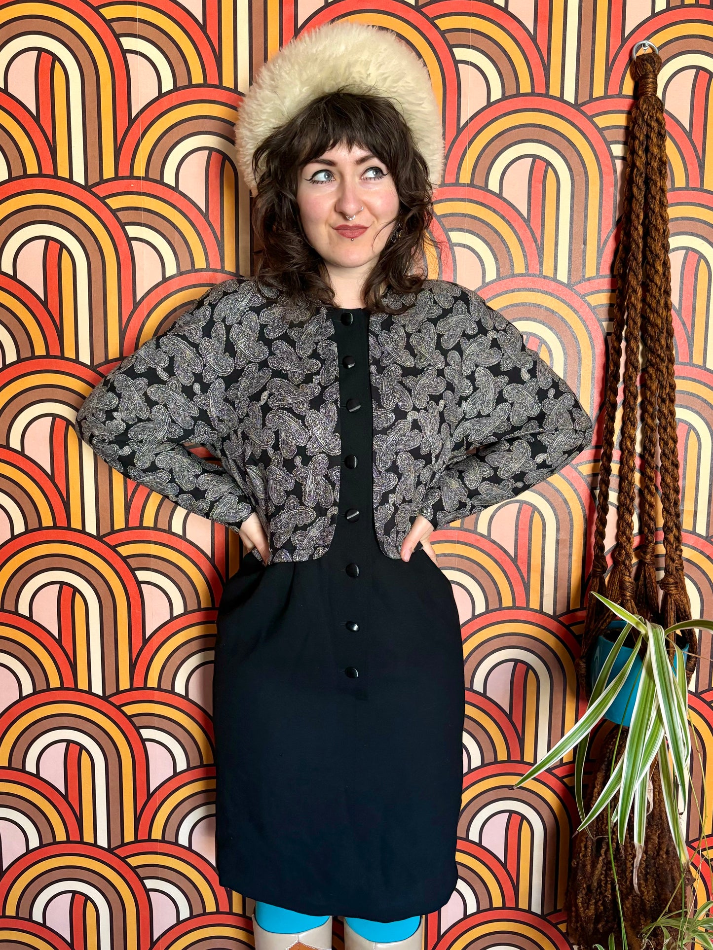 Vintage 80s Black Paisley Dress