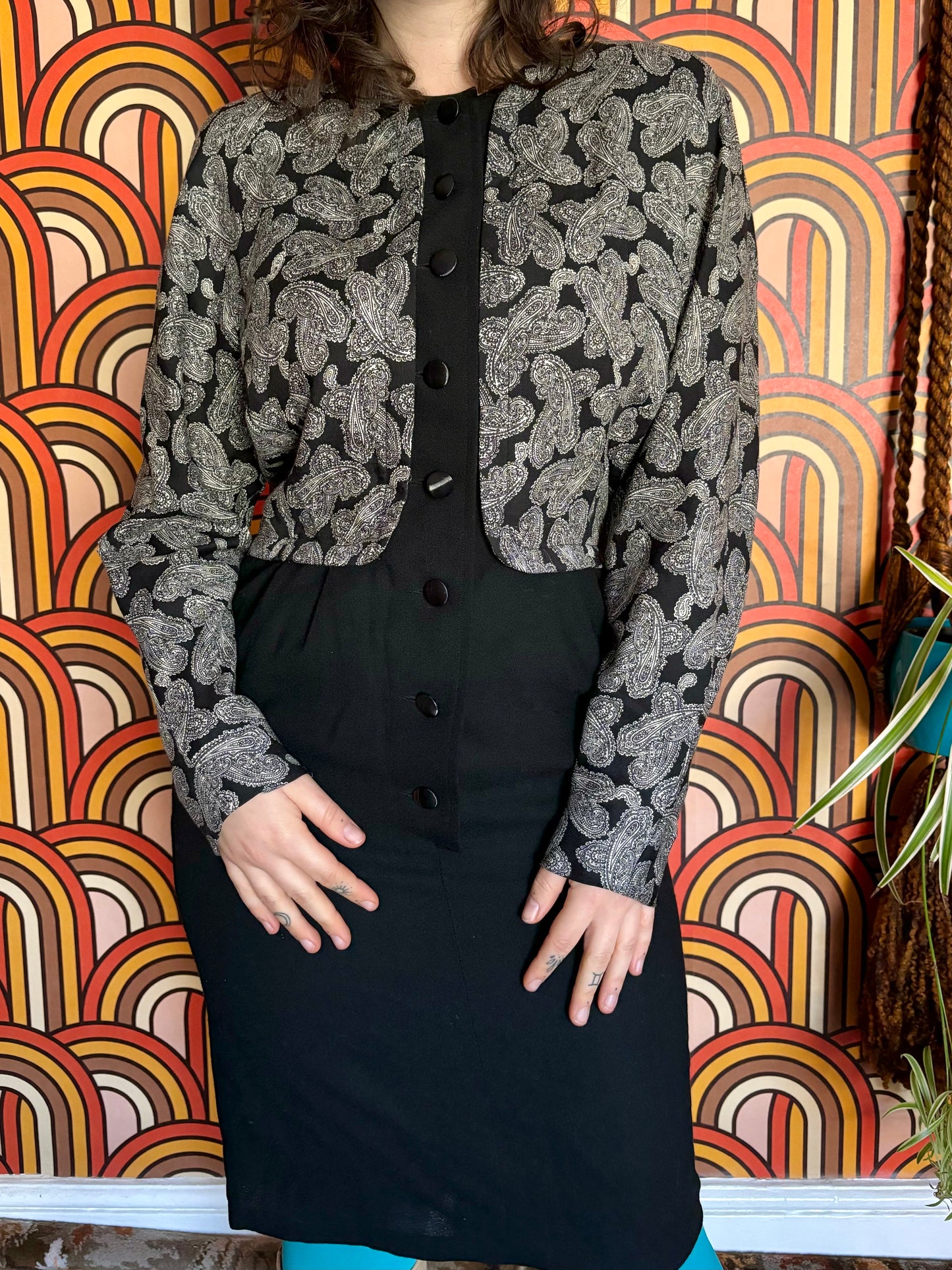 Vintage 80s Black Paisley Dress