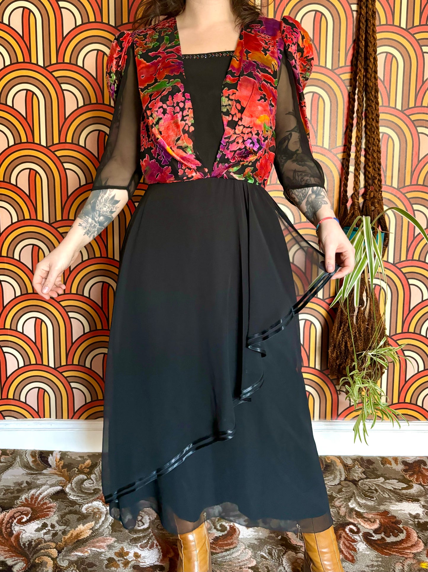 Vintage 80s Black and Colourful Velvet Midi Dress