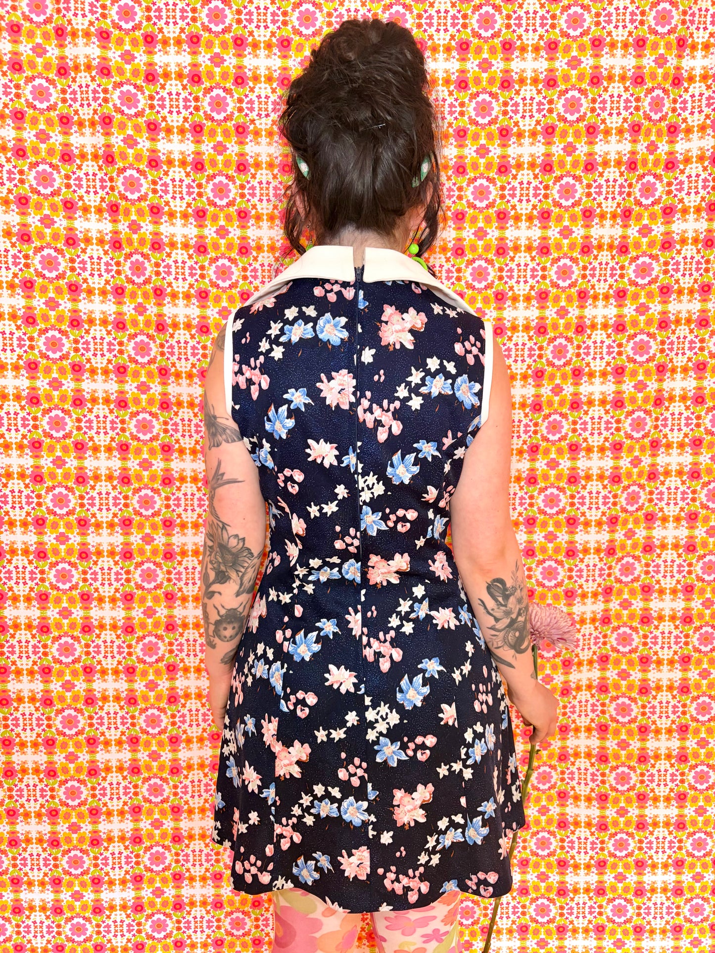 Vintage 70s Navy Blue Floral Collared Mini Dress