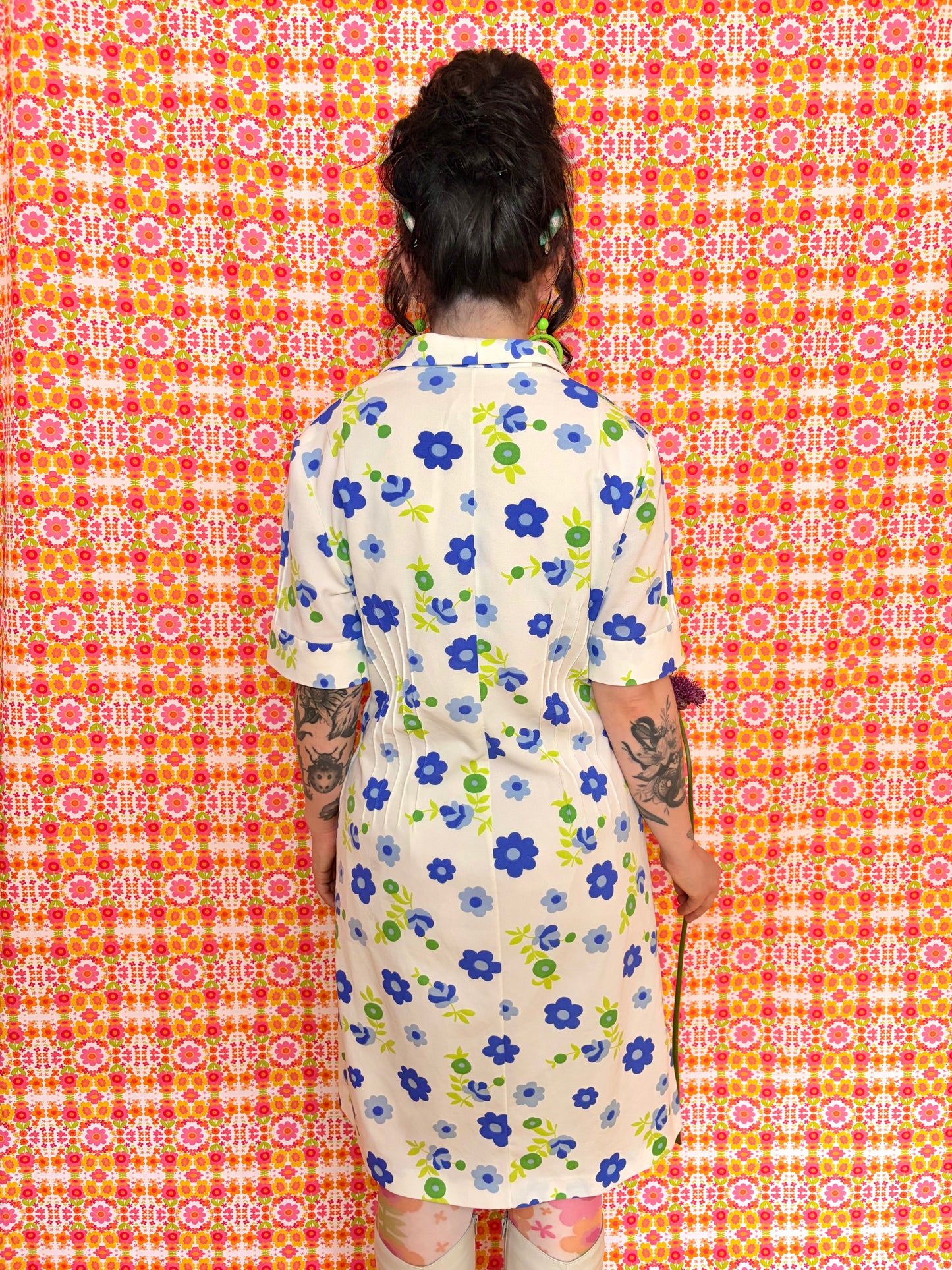 Vintage 60s White Floral Double Collar Dress