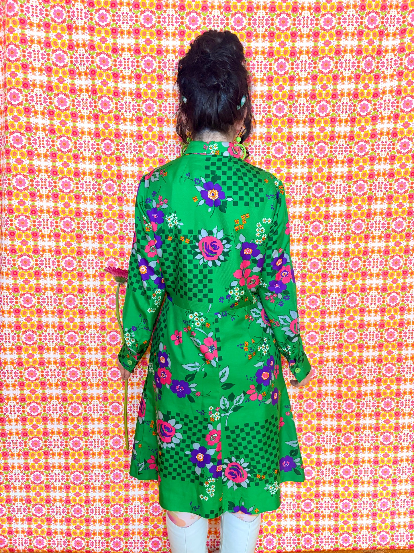Vintage 60s Bright Green Floral Long Sleeve Dress