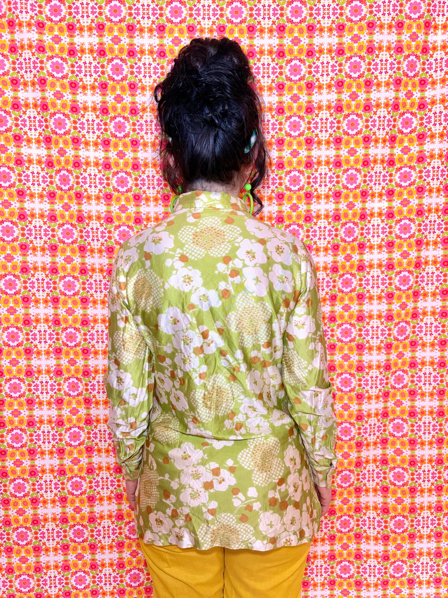 Vintage 70s Lime Green Floral Shirt