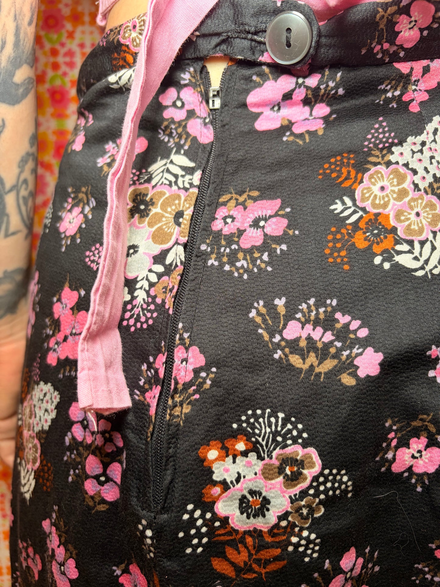Vintage 70s Black and Pink Floral Maxi Skirt