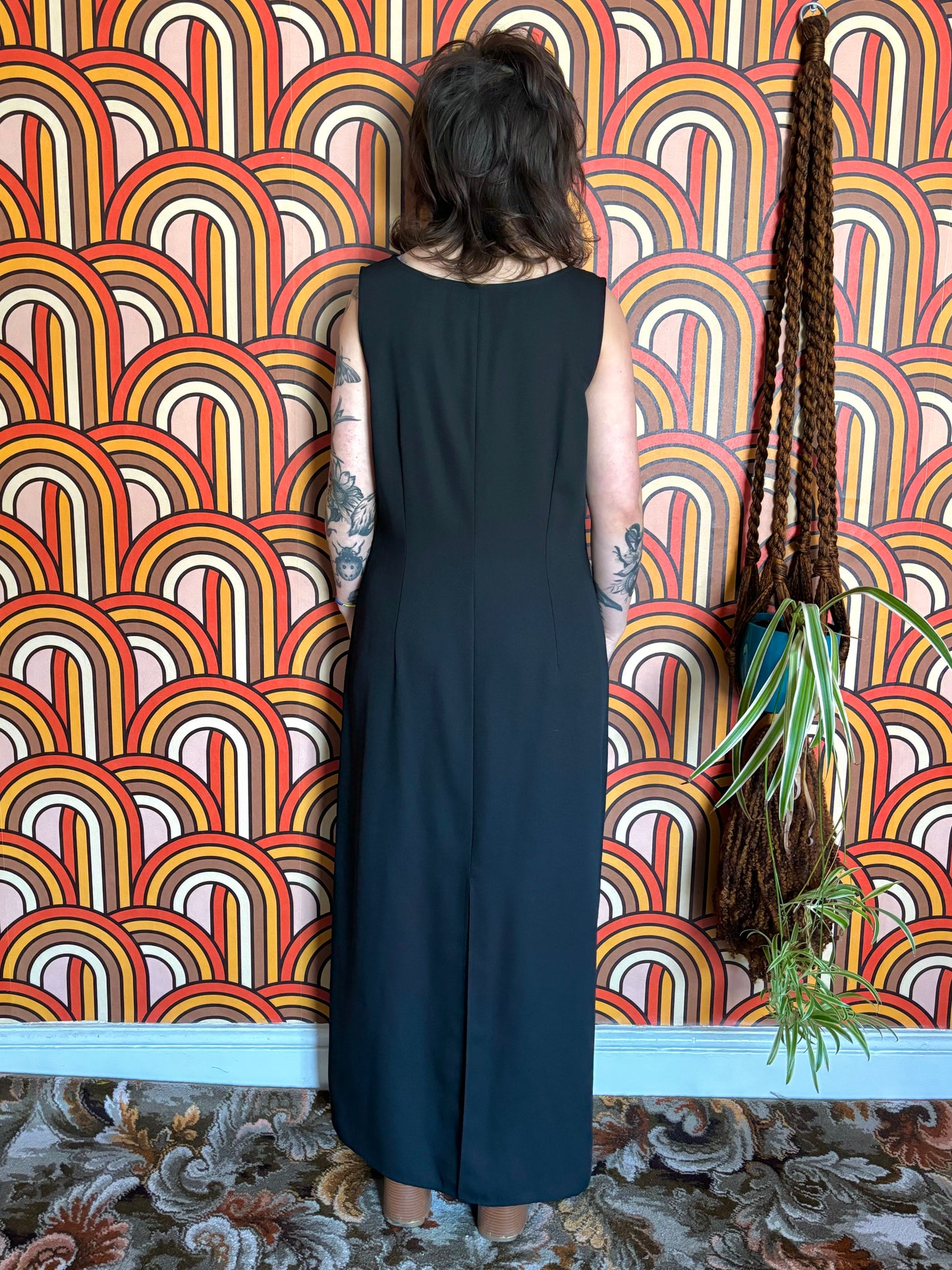 Vintage 90s Black and Gold Embroidered Maxi Dress