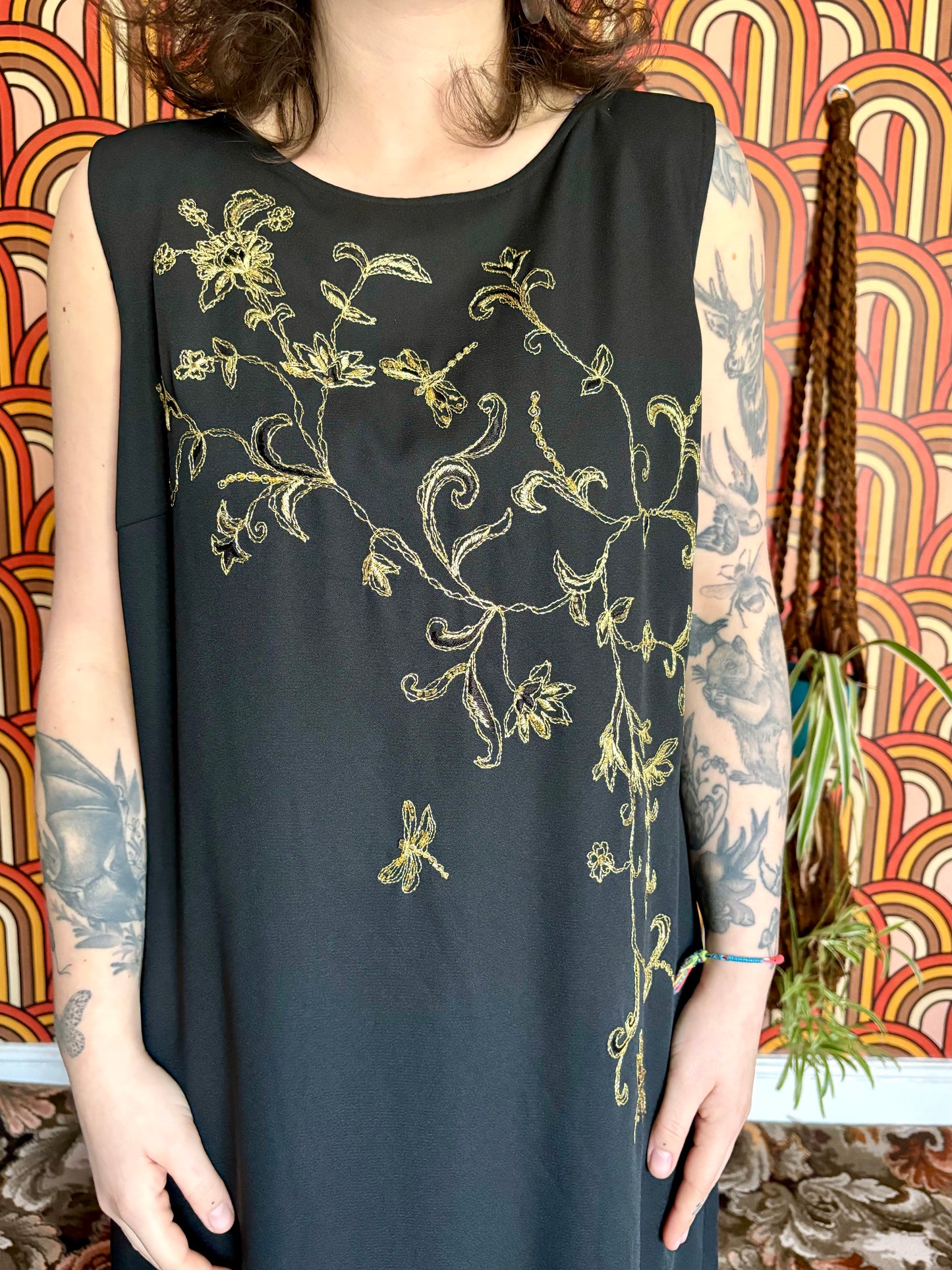Vintage 90s Black and Gold Embroidered Maxi Dress