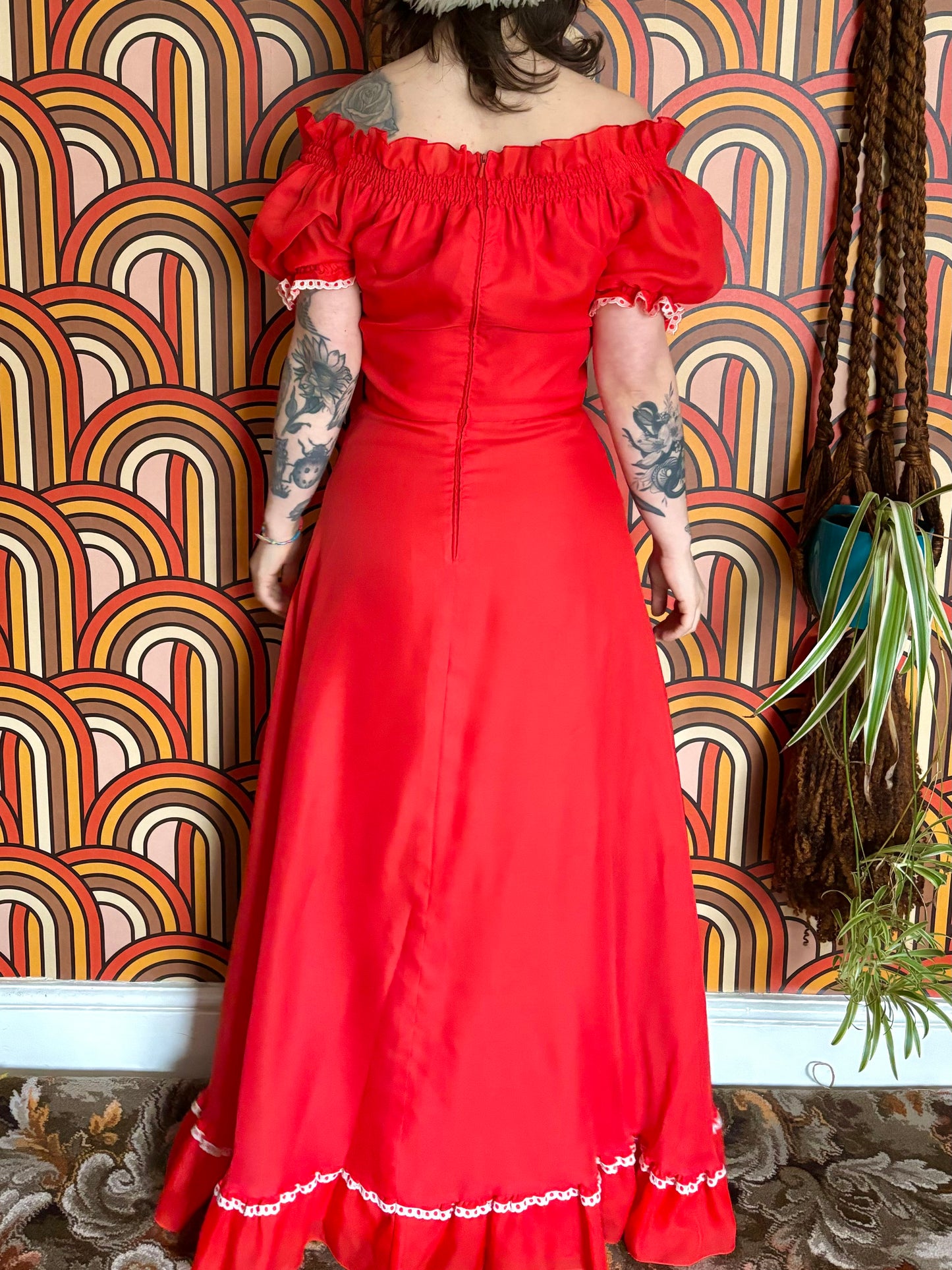 Vintage 70s Red Prairie Maxi Dress