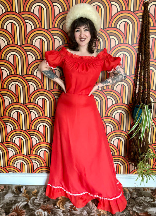 Vintage 70s Red Prairie Maxi Dress
