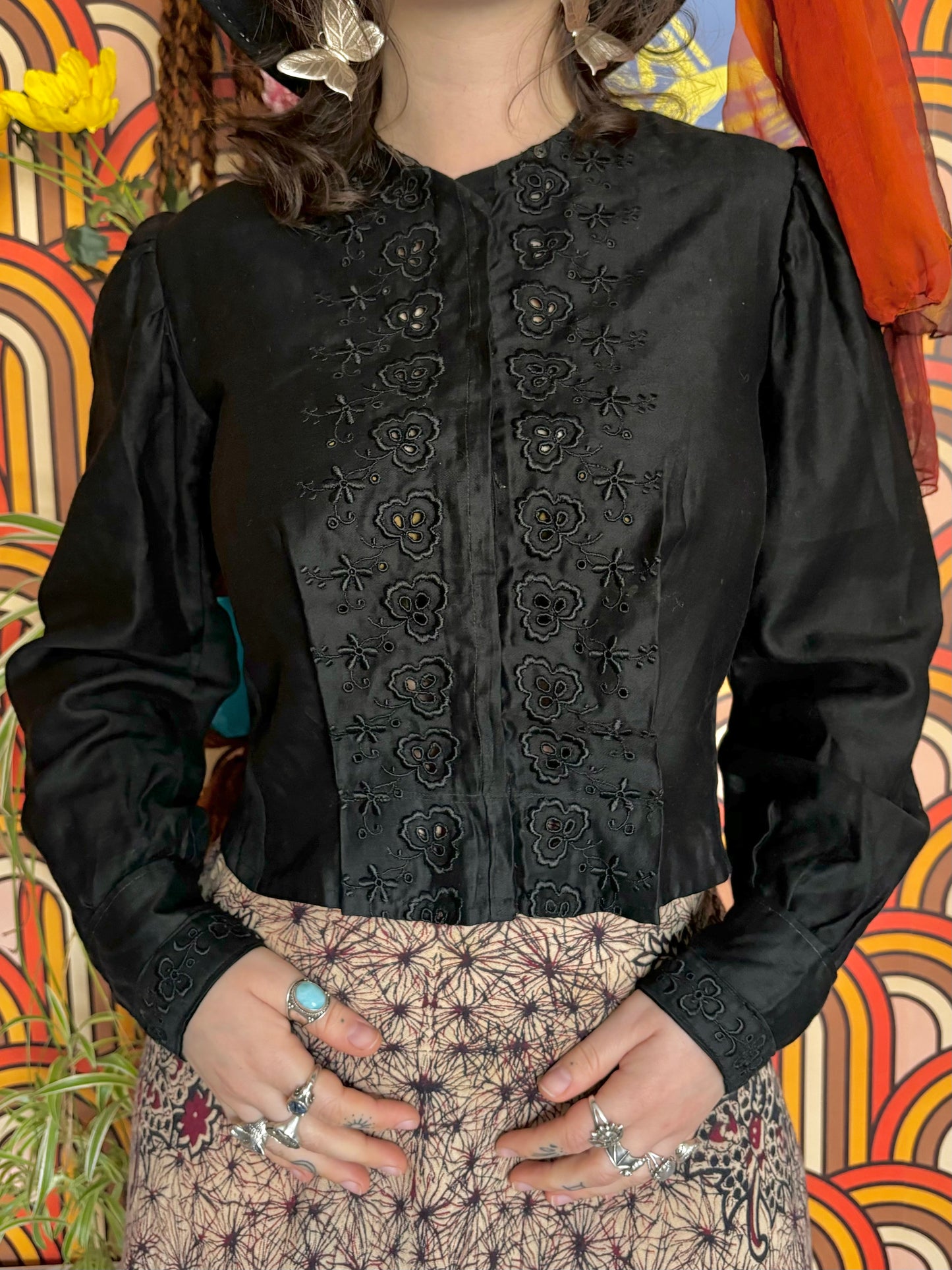 Vintage 70s Black Broderie Anglaise Cropped Shirt