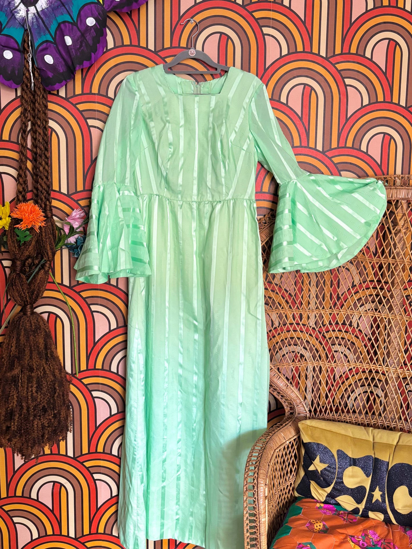 Vintage 60s Mint Green Flute Sleeve Maxi Dress