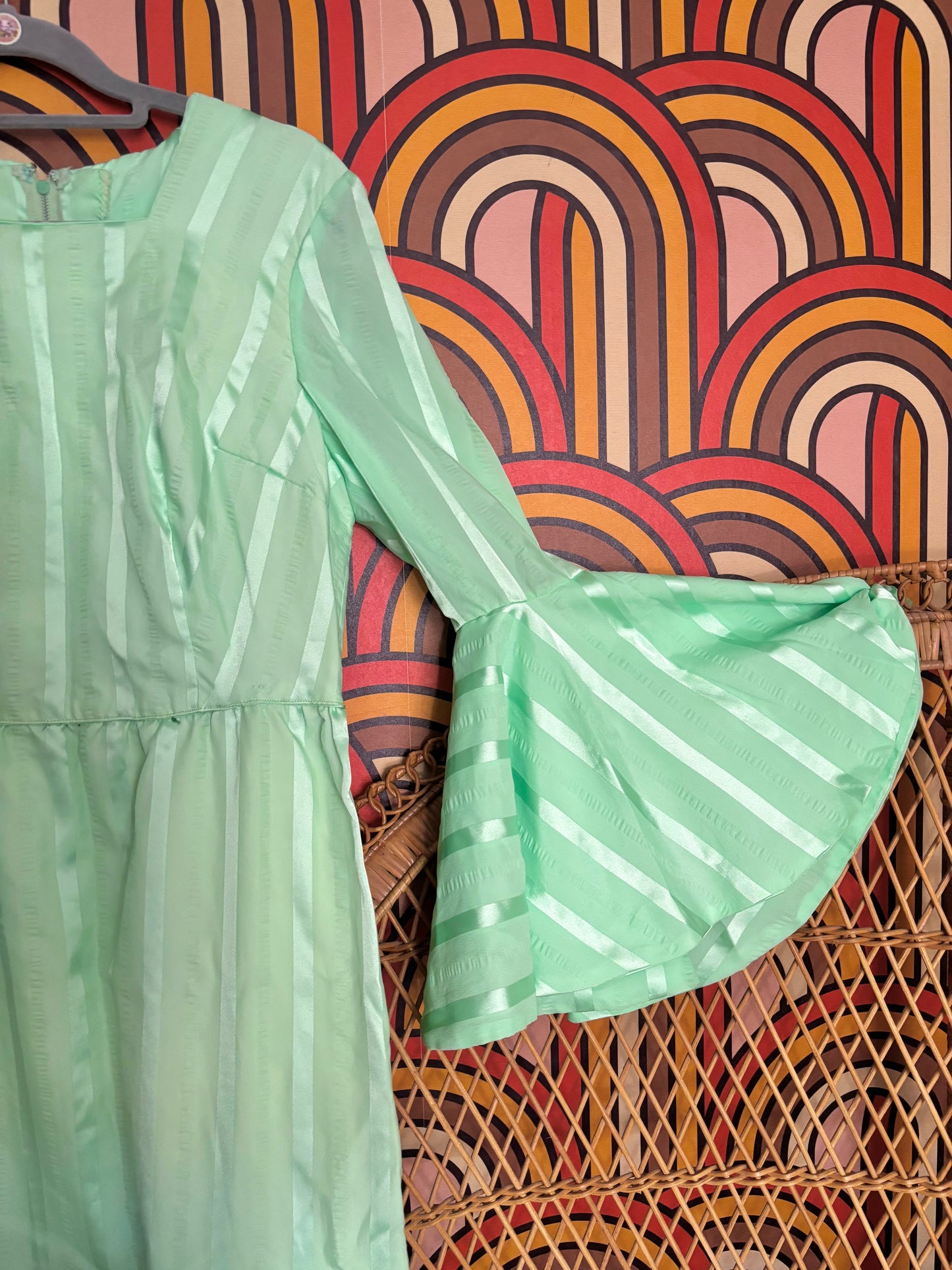 Vintage 60s Mint Green Flute Sleeve Maxi Dress