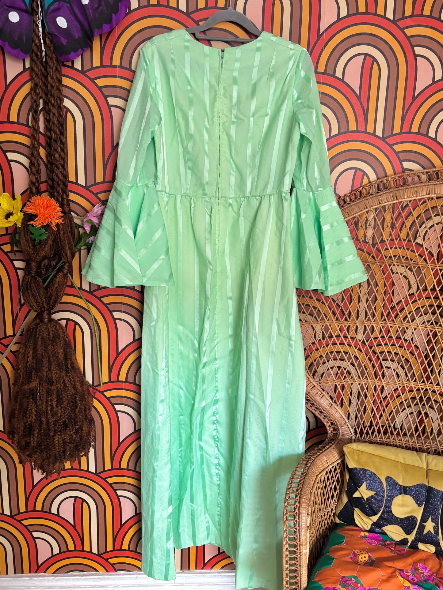 Vintage 60s Mint Green Flute Sleeve Maxi Dress