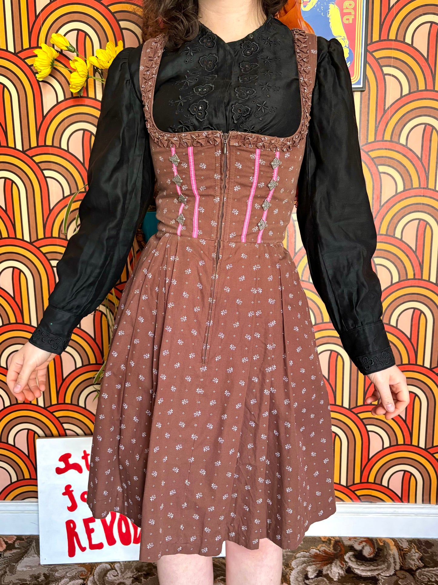Vintage Brown Floral Short Dirndl Dress