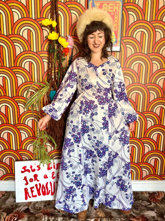 Vintage 60s White and Purple Floral Maxi Dress