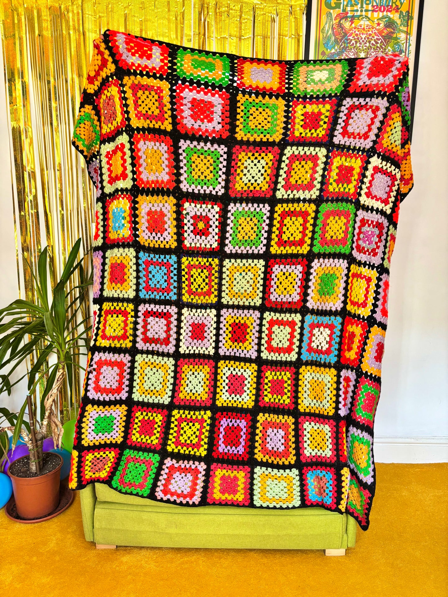 Vintage Large Double Rainbow Granny Square Crochet Blanket