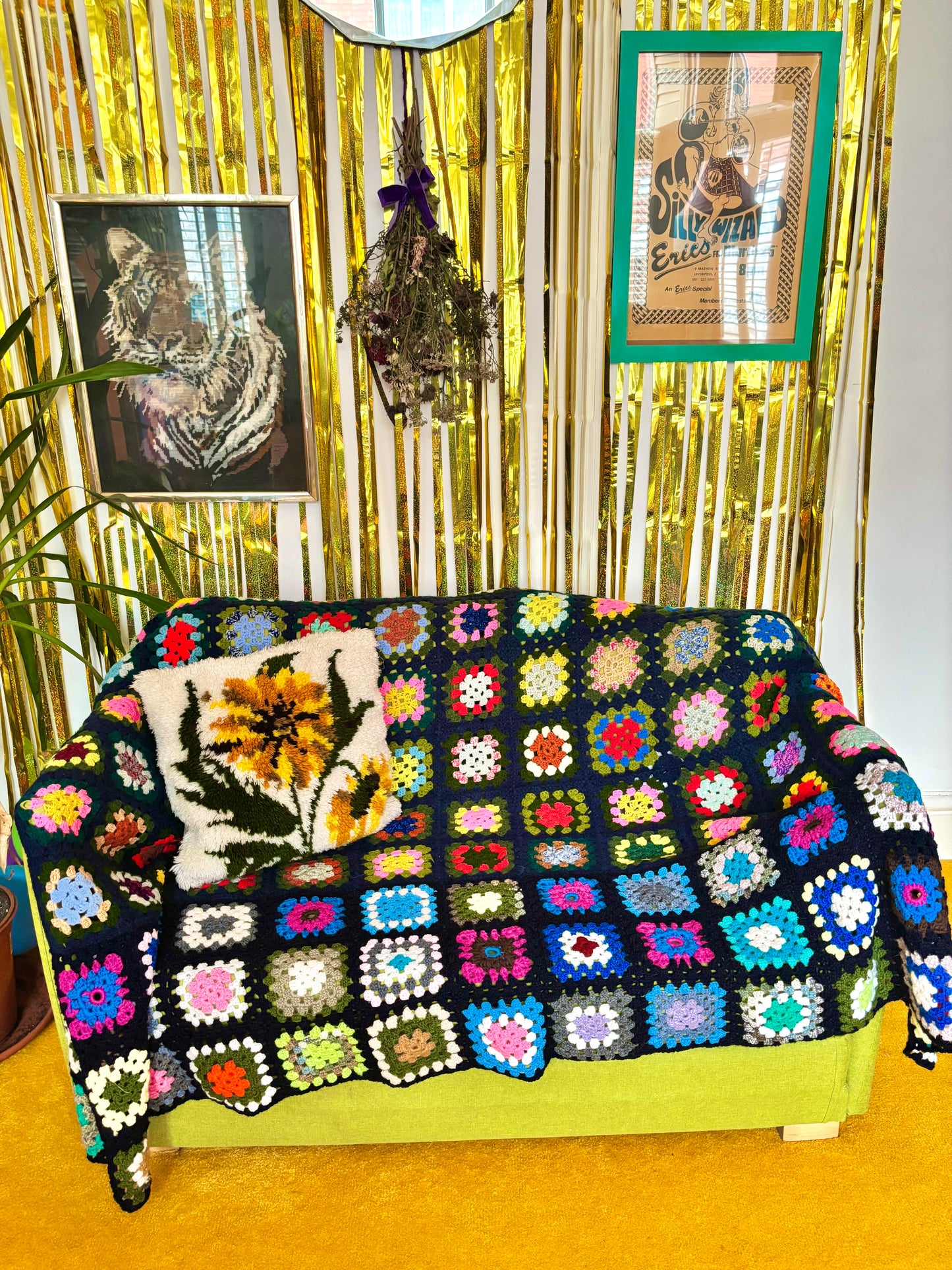 Vintage Navy Rainbow Granny Square Crochet Blanket