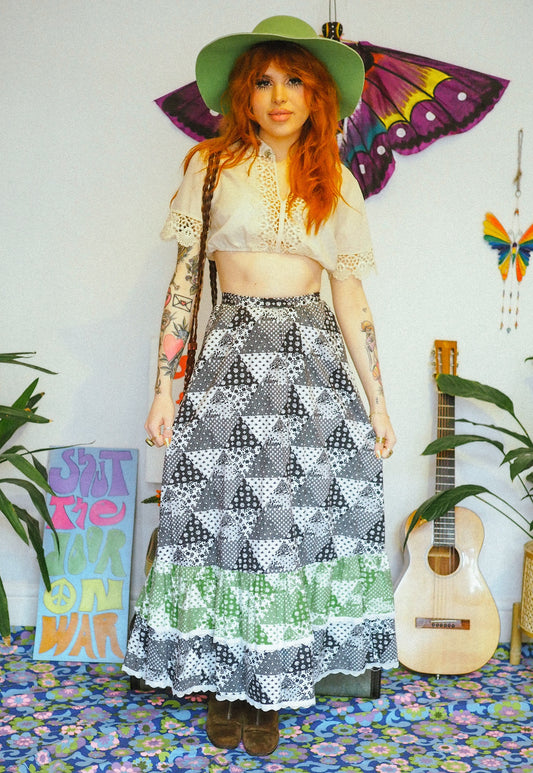 Vintage 60s 70s Patchwork Print Maxi Skirt