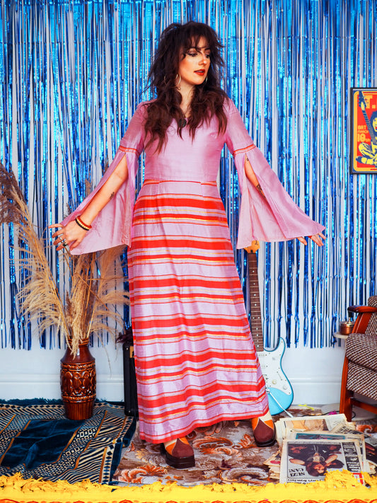 Vintage 60s Pink Silk Bell Sleeve Medieval Maxi Dress