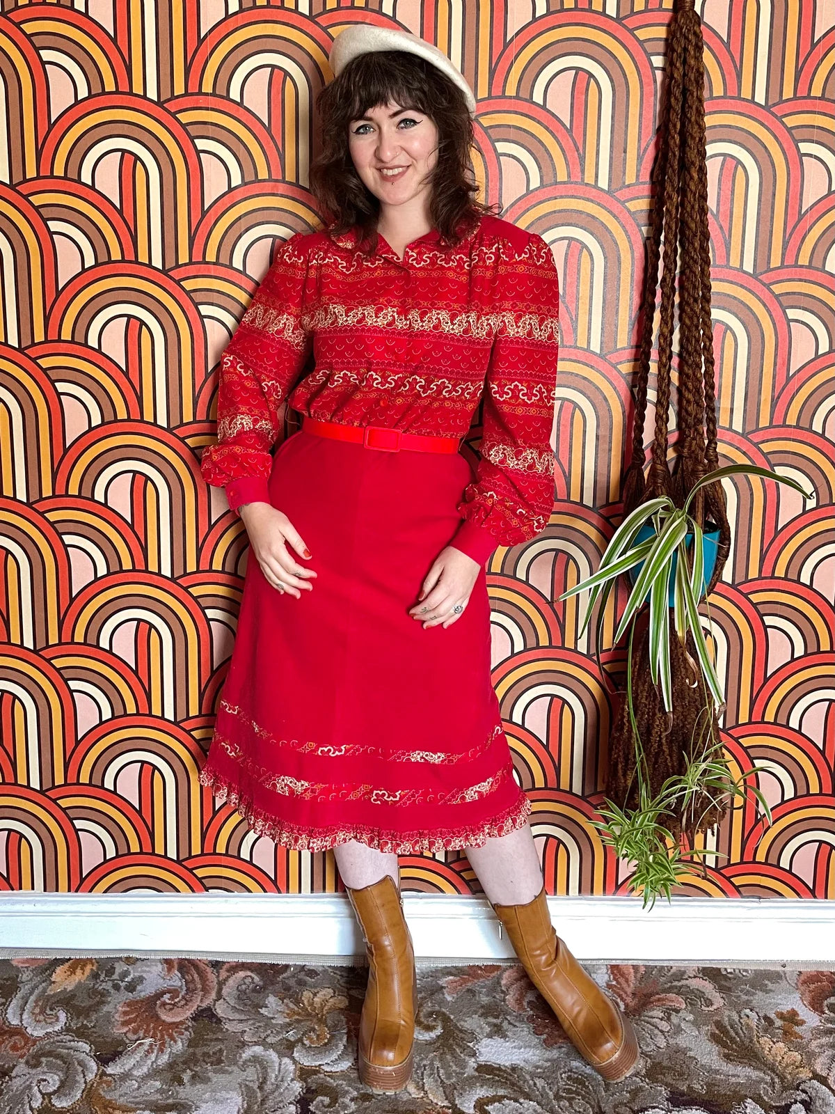 Vintage 70s Red Corduroy Prairie Dress