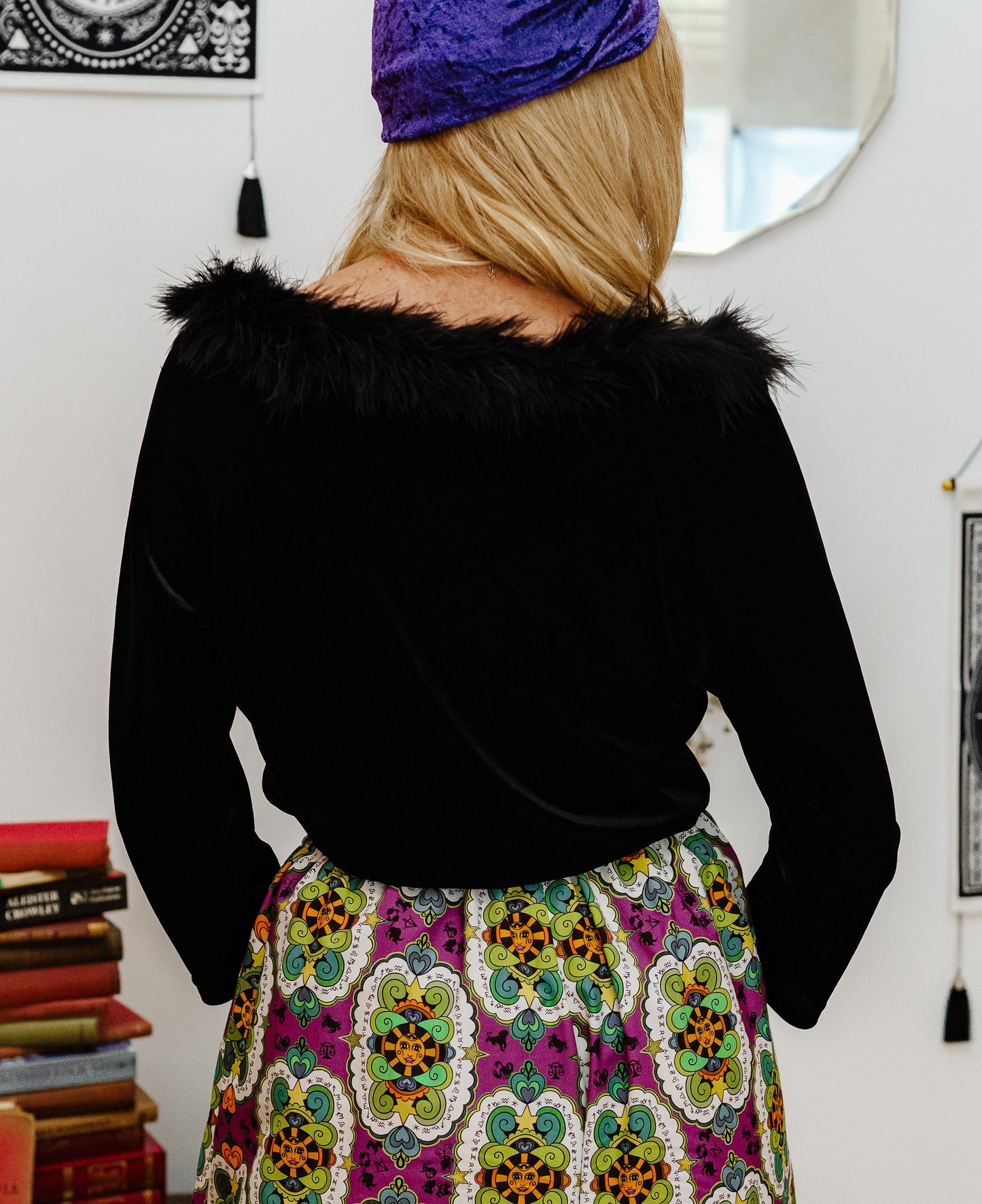Vintage 90s Black Velour Feather Top