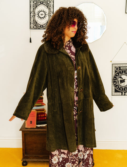 Vintage 70s Olive Green Suede Coat