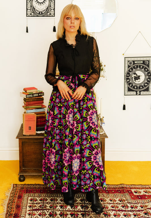 Vintage 70s Black and Purple Psychedelic Print Maxi Dress