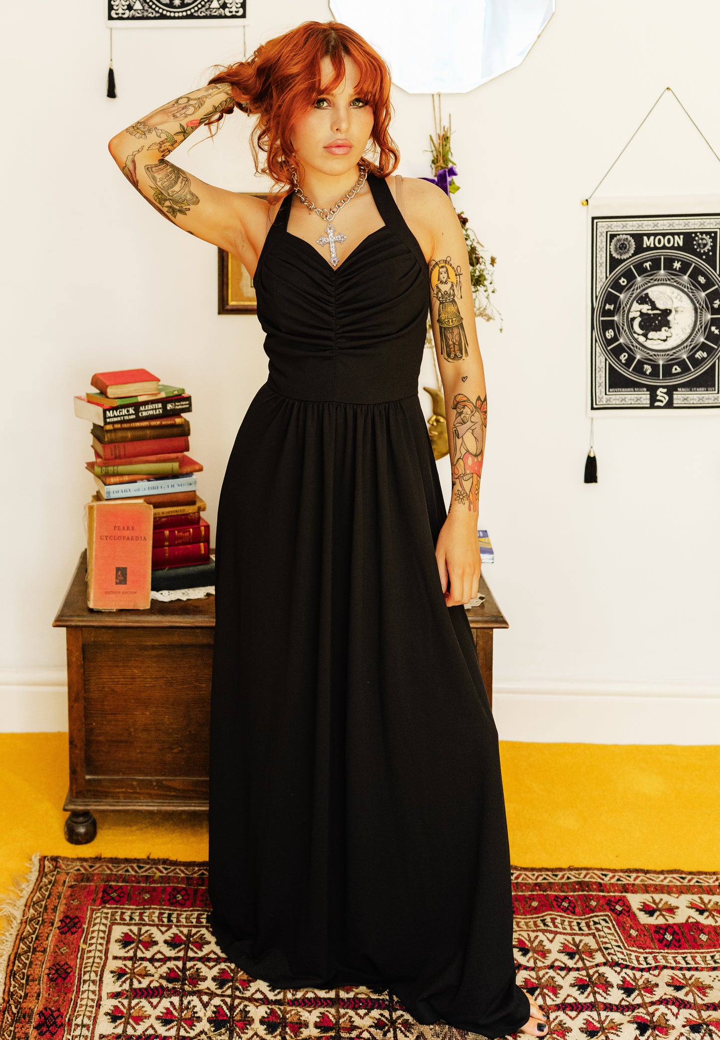 Vintage 70s Black Ruched Halter Maxi Dress