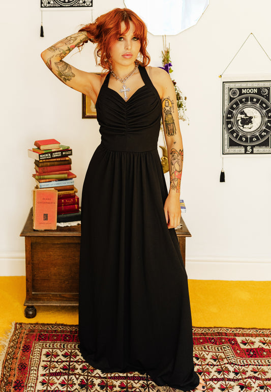 Vintage 70s Black Ruched Halter Maxi Dress