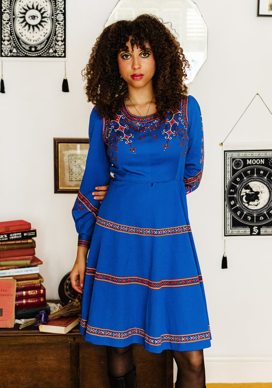 Vintage 70s Blue Baroque Print Mini Dress