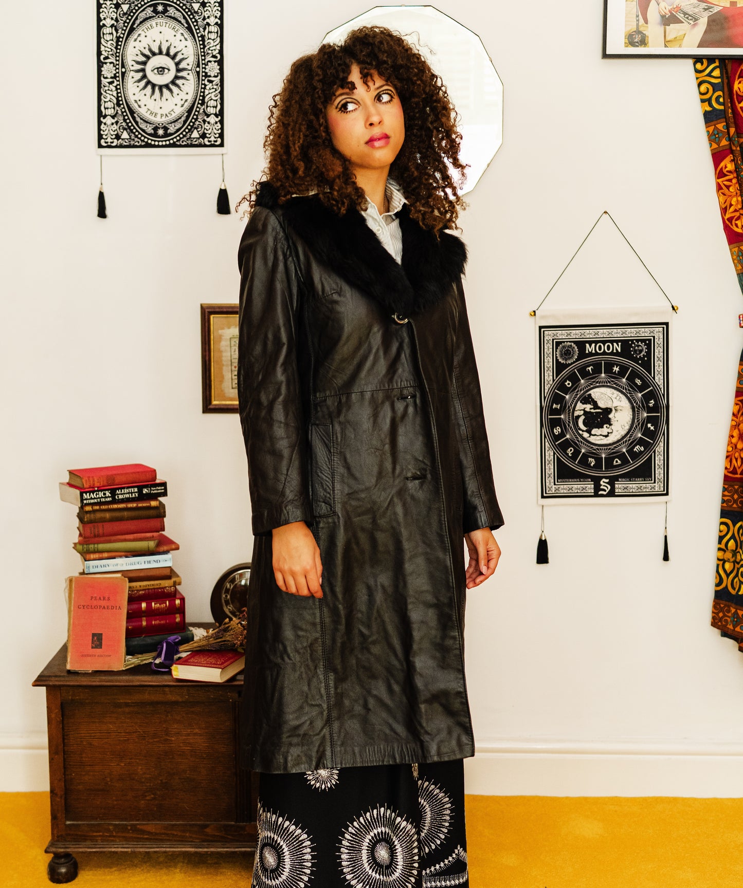 Vintage 90s does 70s Black Faux Fur and Leather Trench Coat