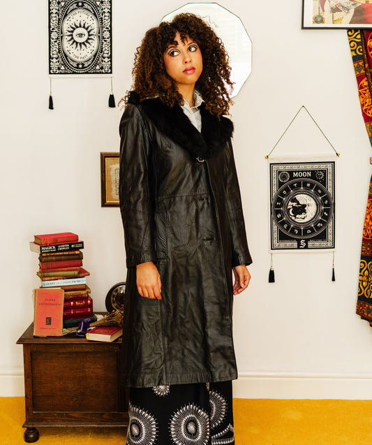 Vintage 90s does 70s Black Faux Fur and Leather Trench Coat