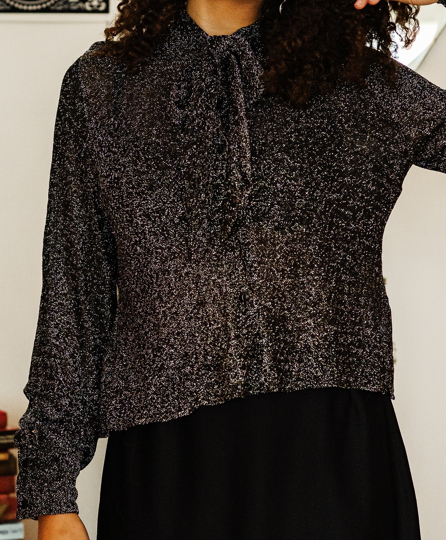 Vintage 70s Silver Lurex Pussy Bow Blouse