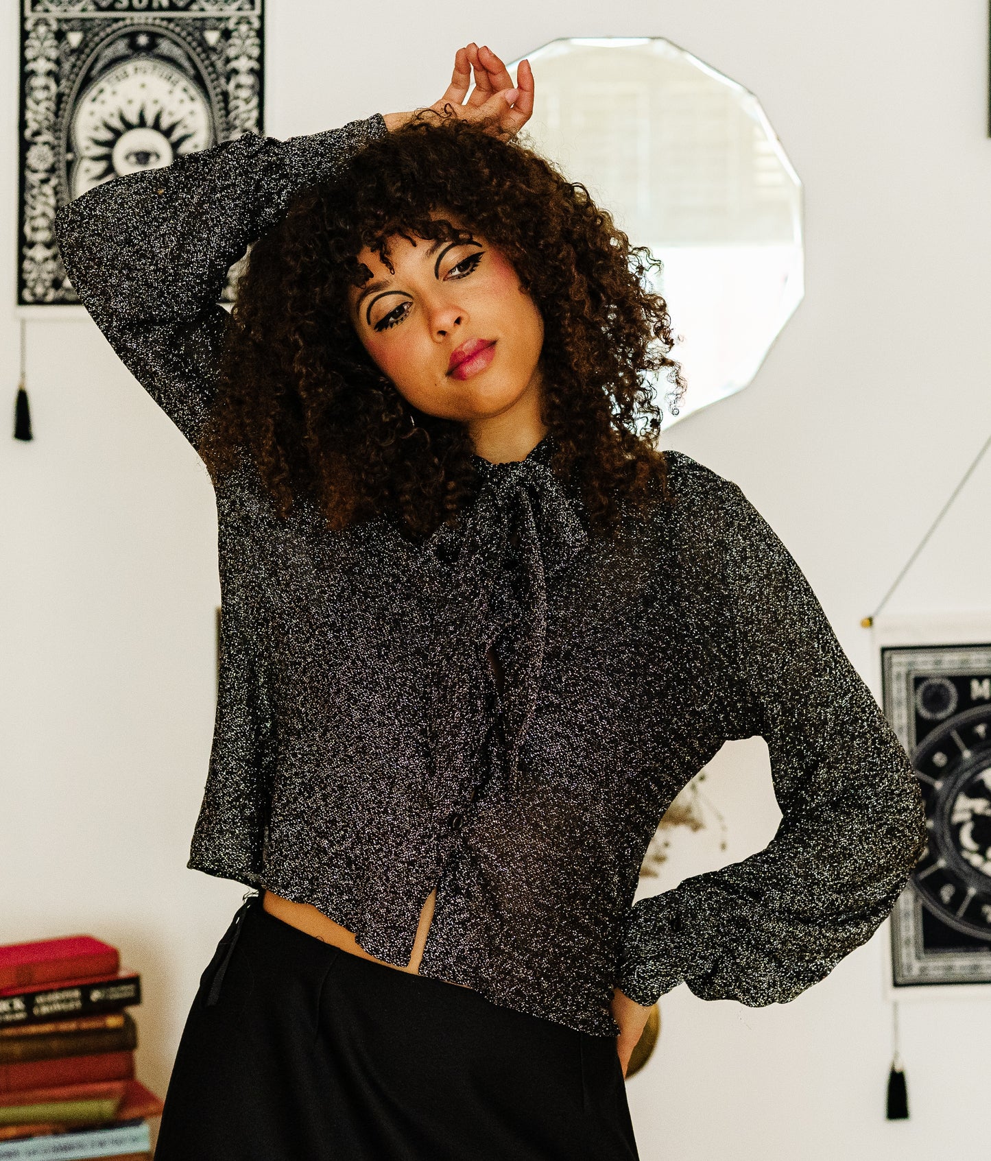 Vintage 70s Silver Lurex Pussy Bow Blouse