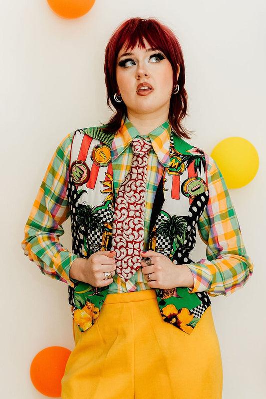 Vintage 80s Black and White Novelty Print Waistcoat Top