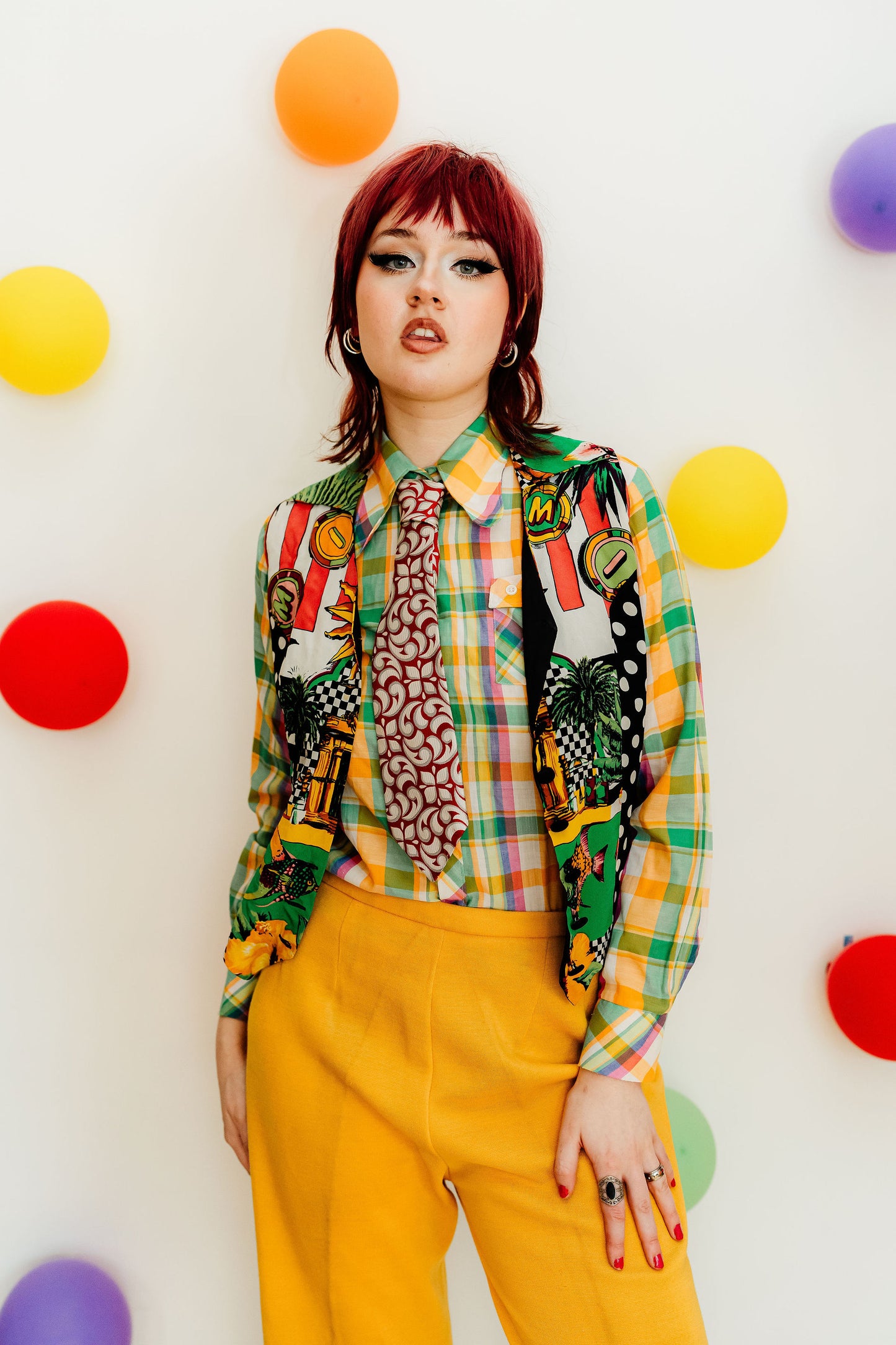 Vintage 80s Black and White Novelty Print Waistcoat Top