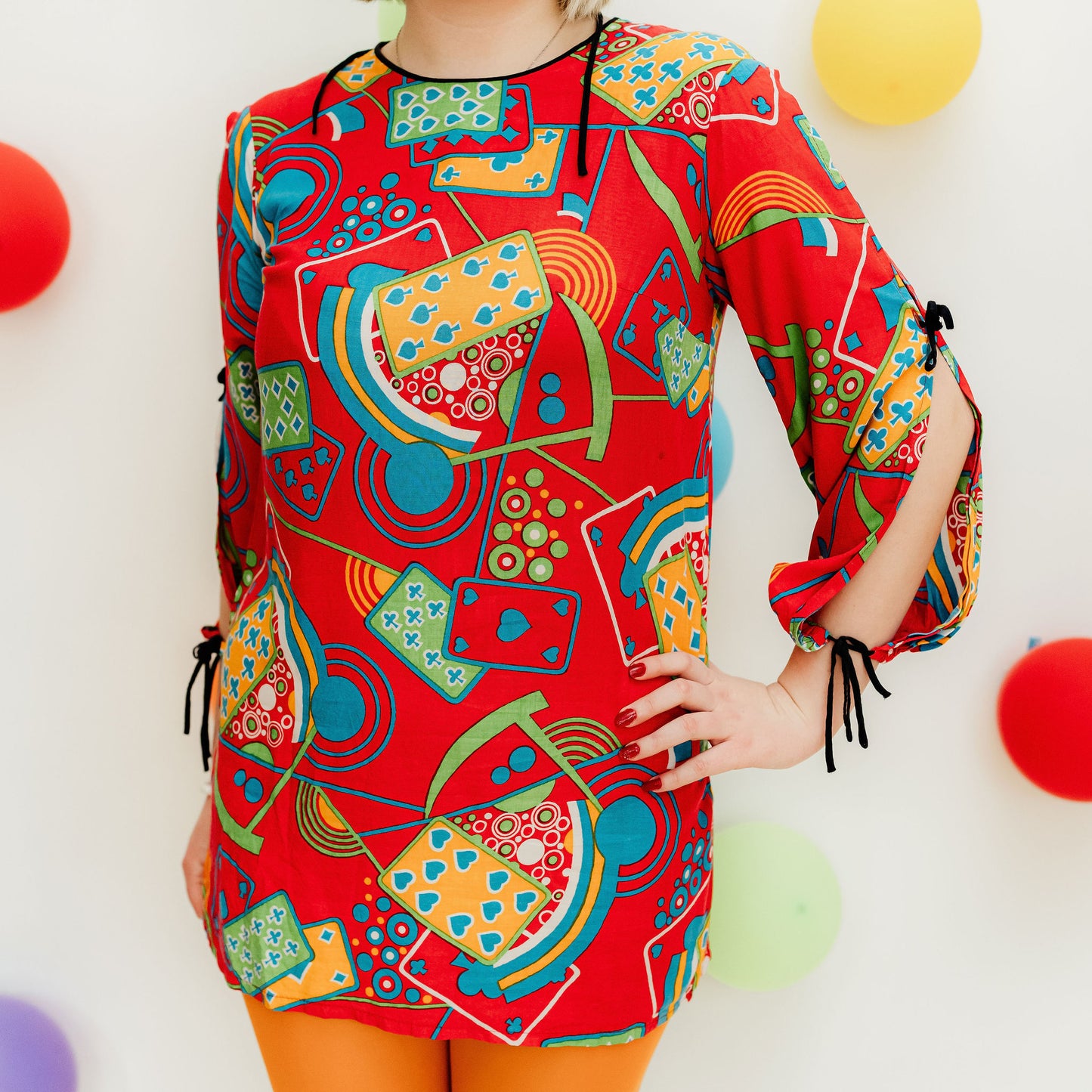 Vintage 70s Red Playing Card Novelty Tunic Micro Mini Dress