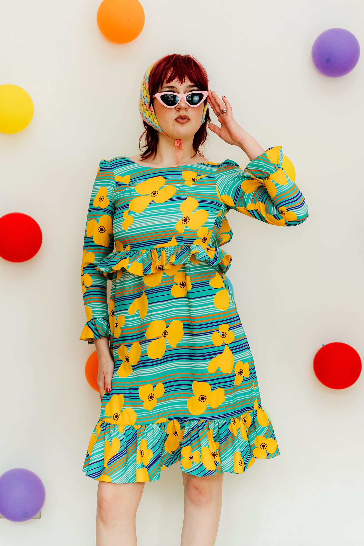 Vintage 70s Turquoise Floral Frill Dress