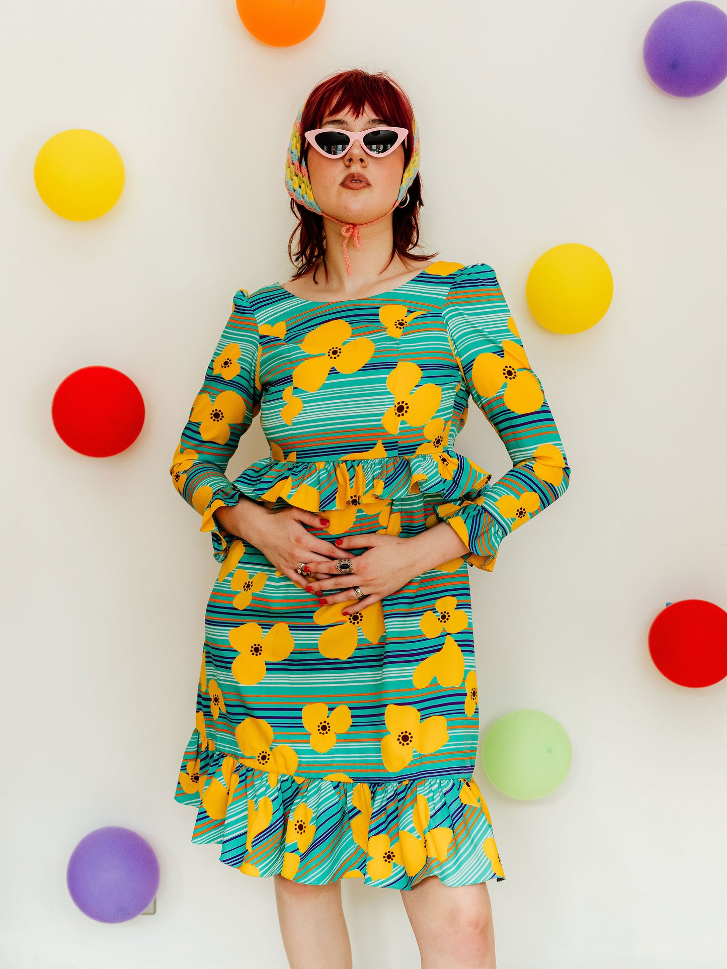 Vintage 70s Turquoise Floral Frill Dress