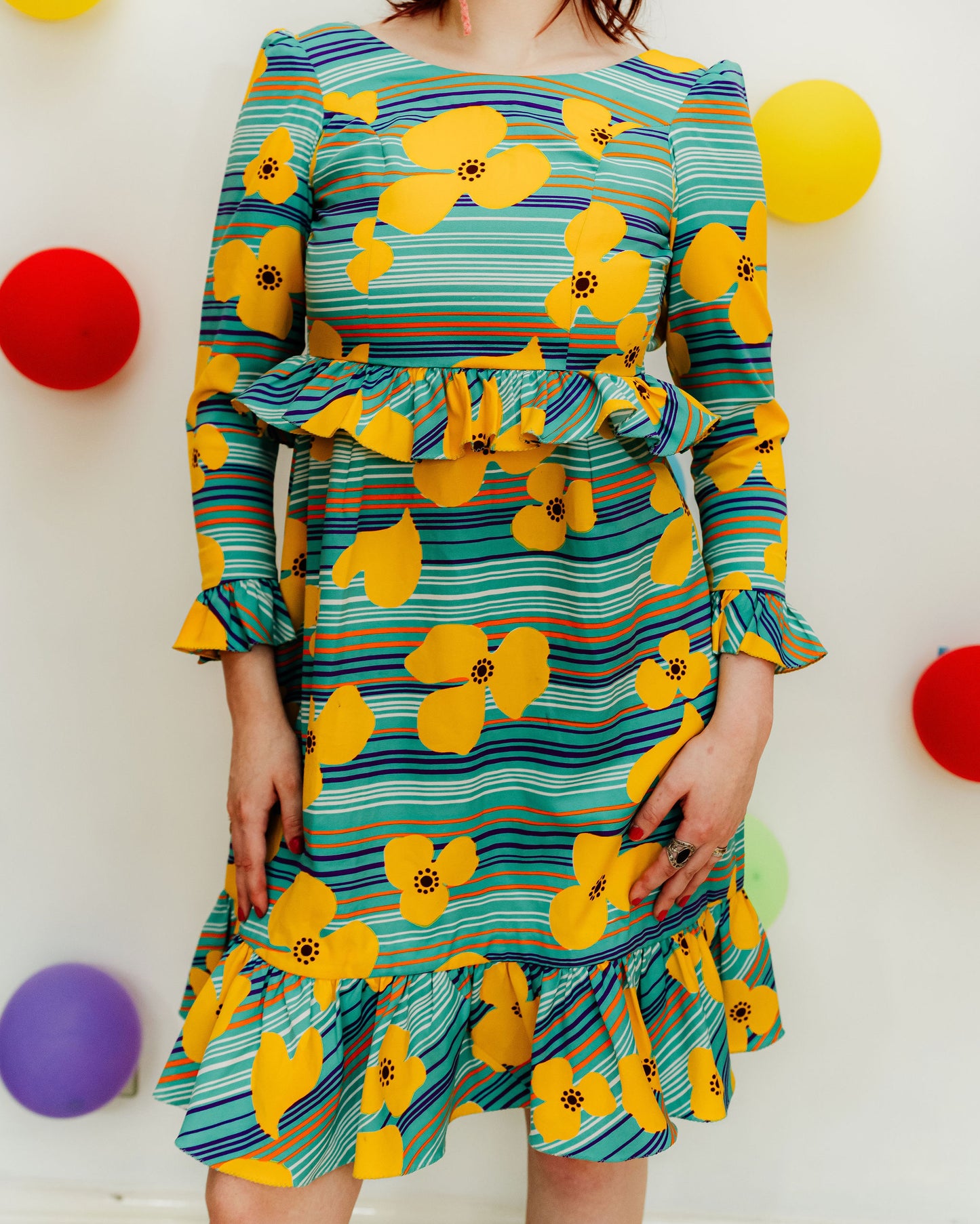 Vintage 70s Turquoise Floral Frill Dress