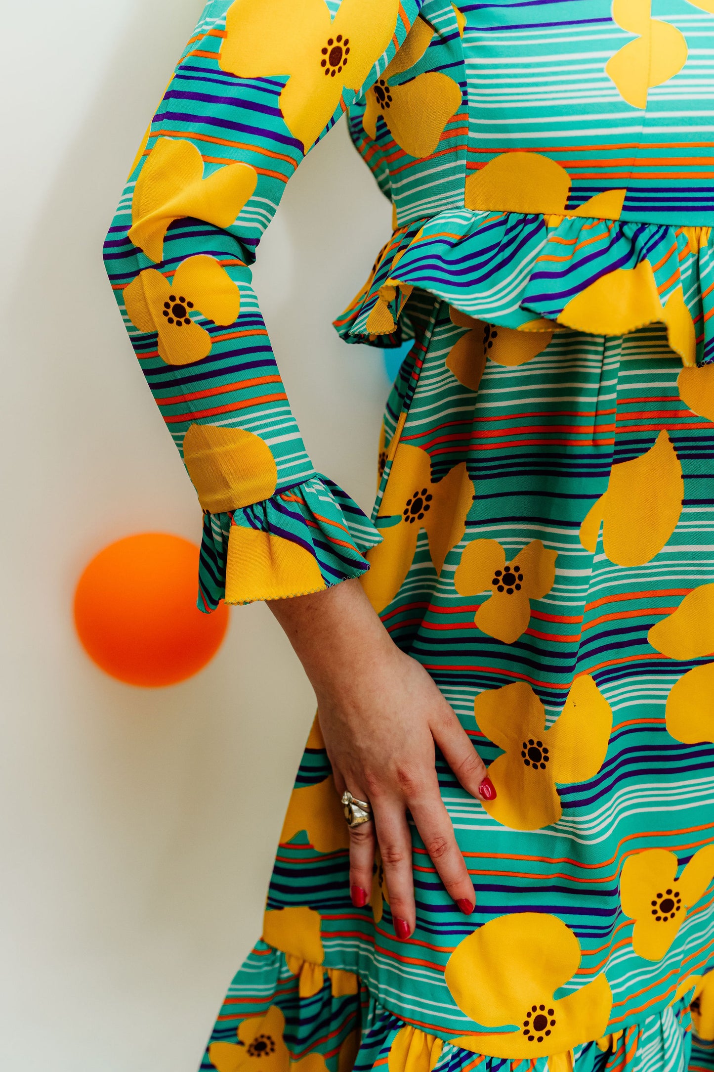 Vintage 70s Turquoise Floral Frill Dress