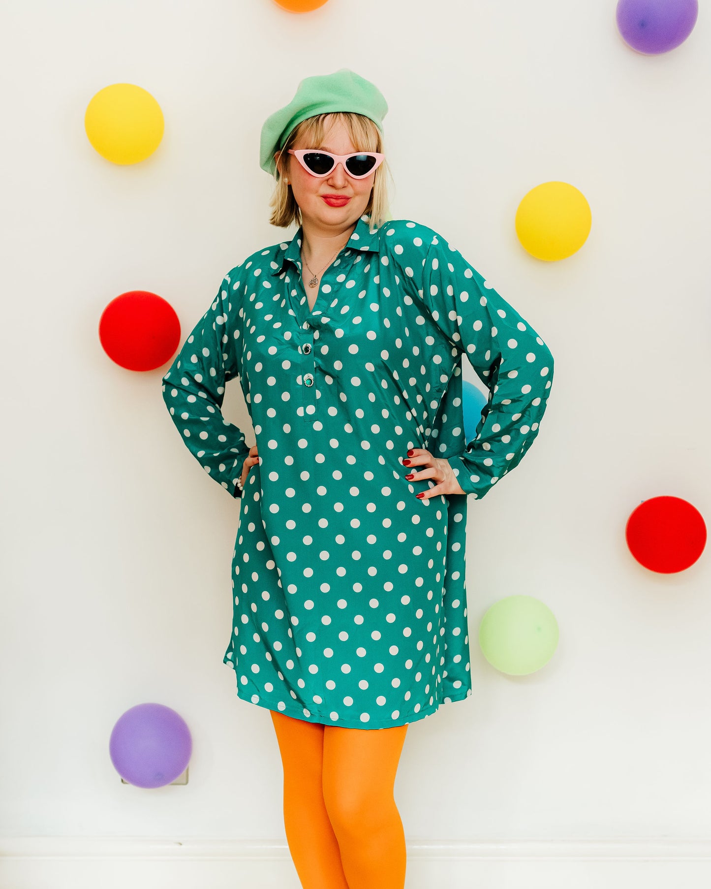 Vintage 80s Turquoise Spotty Shirt Dress