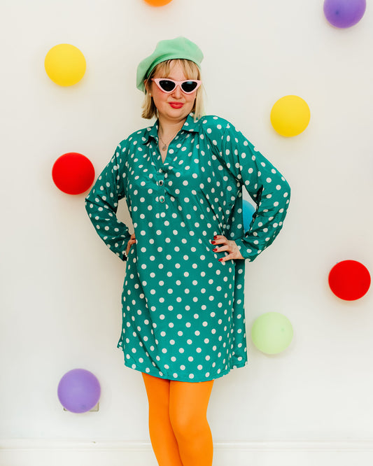 Vintage 80s Turquoise Spotty Shirt Dress