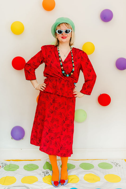 Vintage 80s Red Peplum Midi Dress