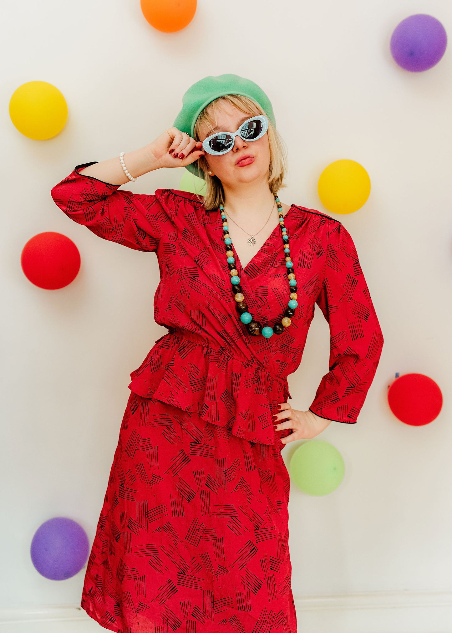 Vintage 80s Red Peplum Midi Dress