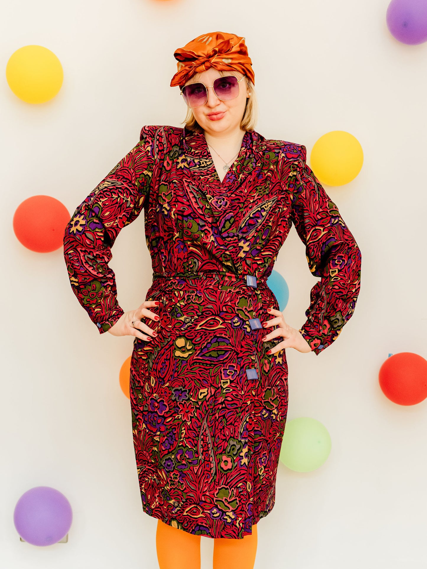 Vintage 80s Maroon Swirl Print Midi Dress