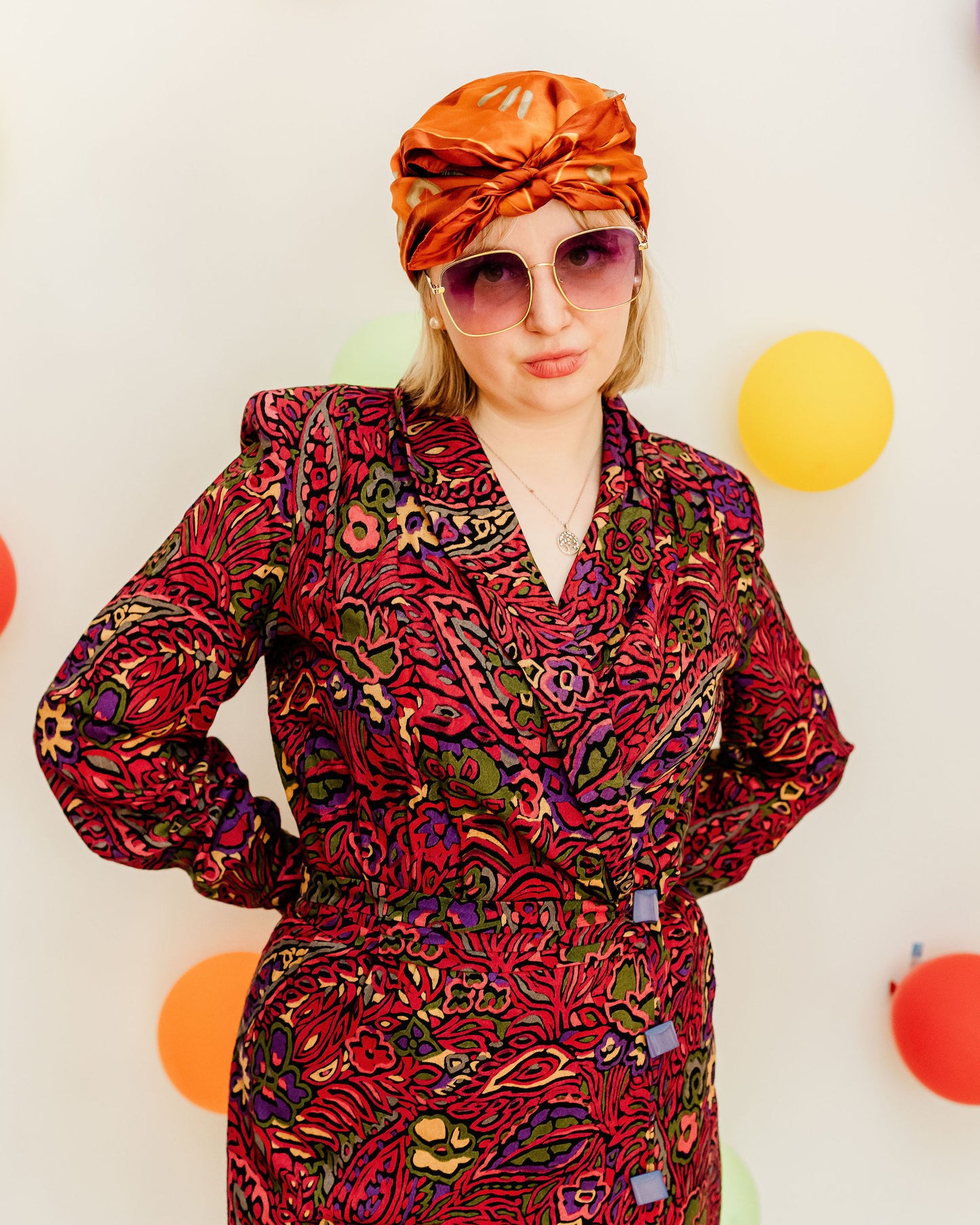 Vintage 80s Maroon Swirl Print Midi Dress