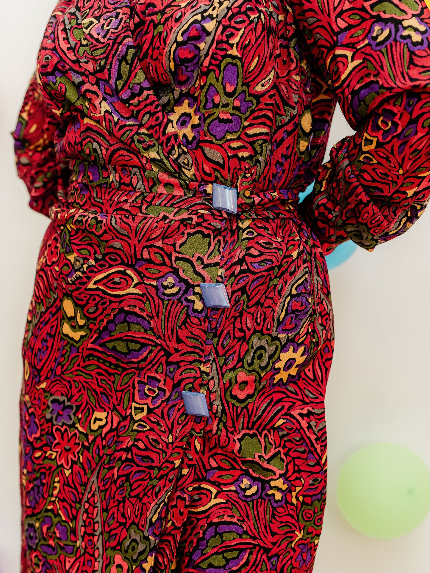 Vintage 80s Maroon Swirl Print Midi Dress