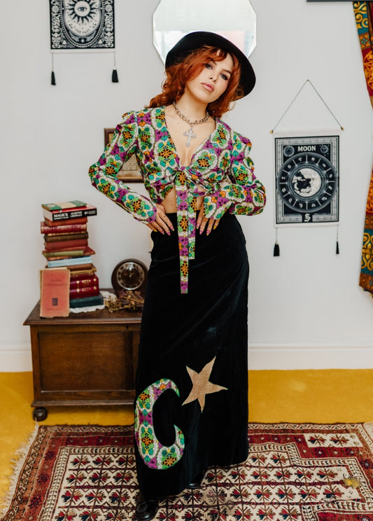 Castle Crowley Black Velvet Appliqué Maxi Skirt
