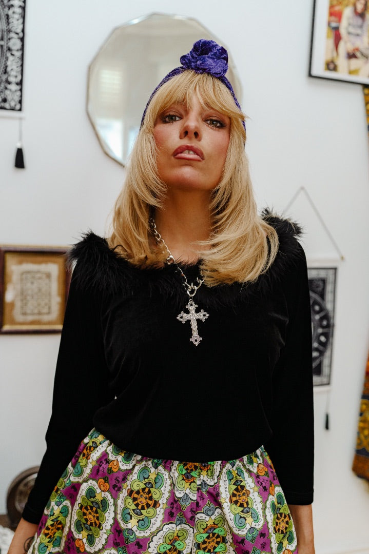Vintage 90s Black Velour Feather Top